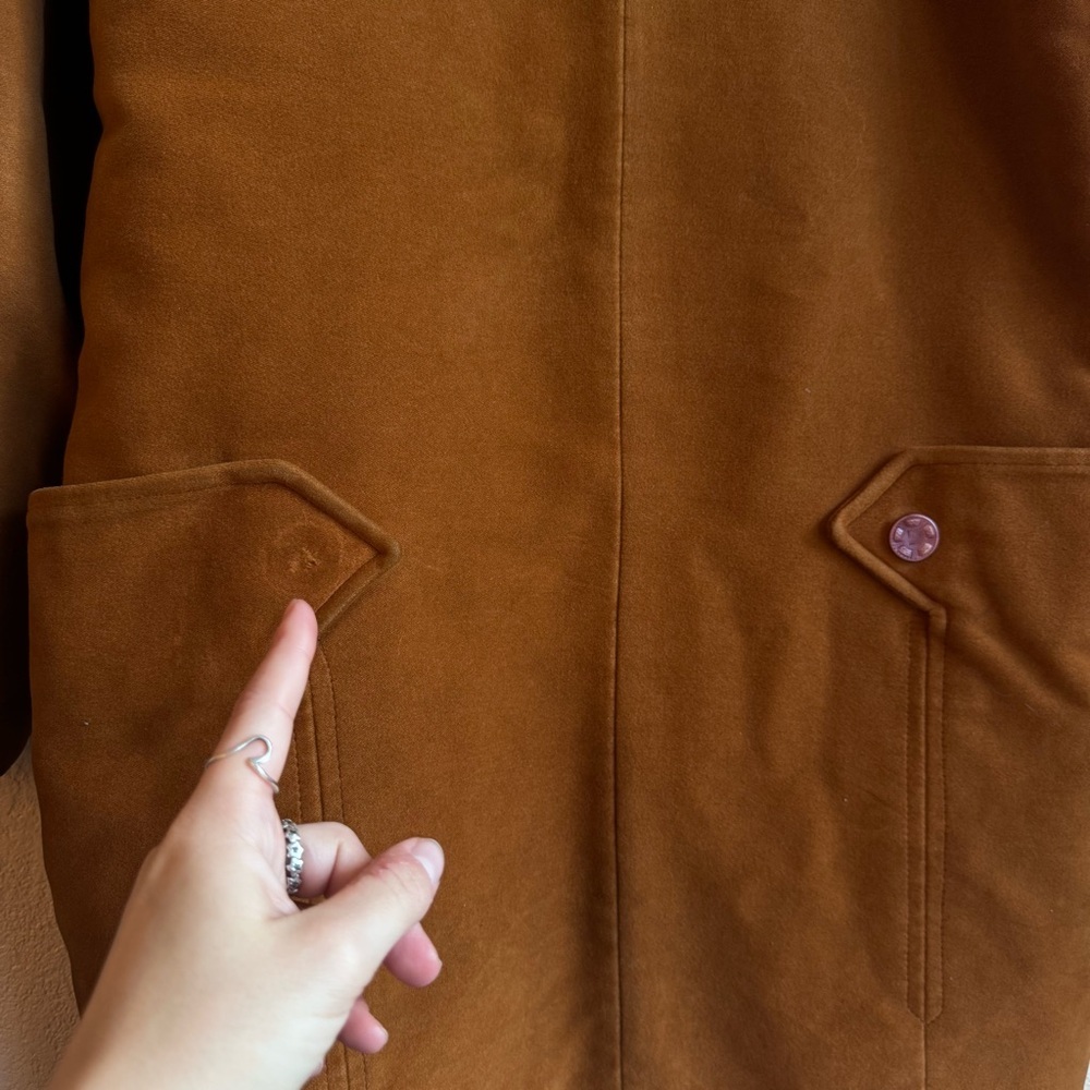 Irving Posluns Brown Suede Leather Coat Jacket Women’s Large Vintage Pink Button - Picture 9 of 10